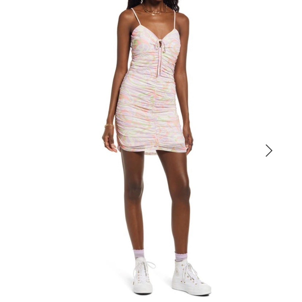 BP Ivory Multi Roxy Abstract Ruched Tie Front Slip Dress Small